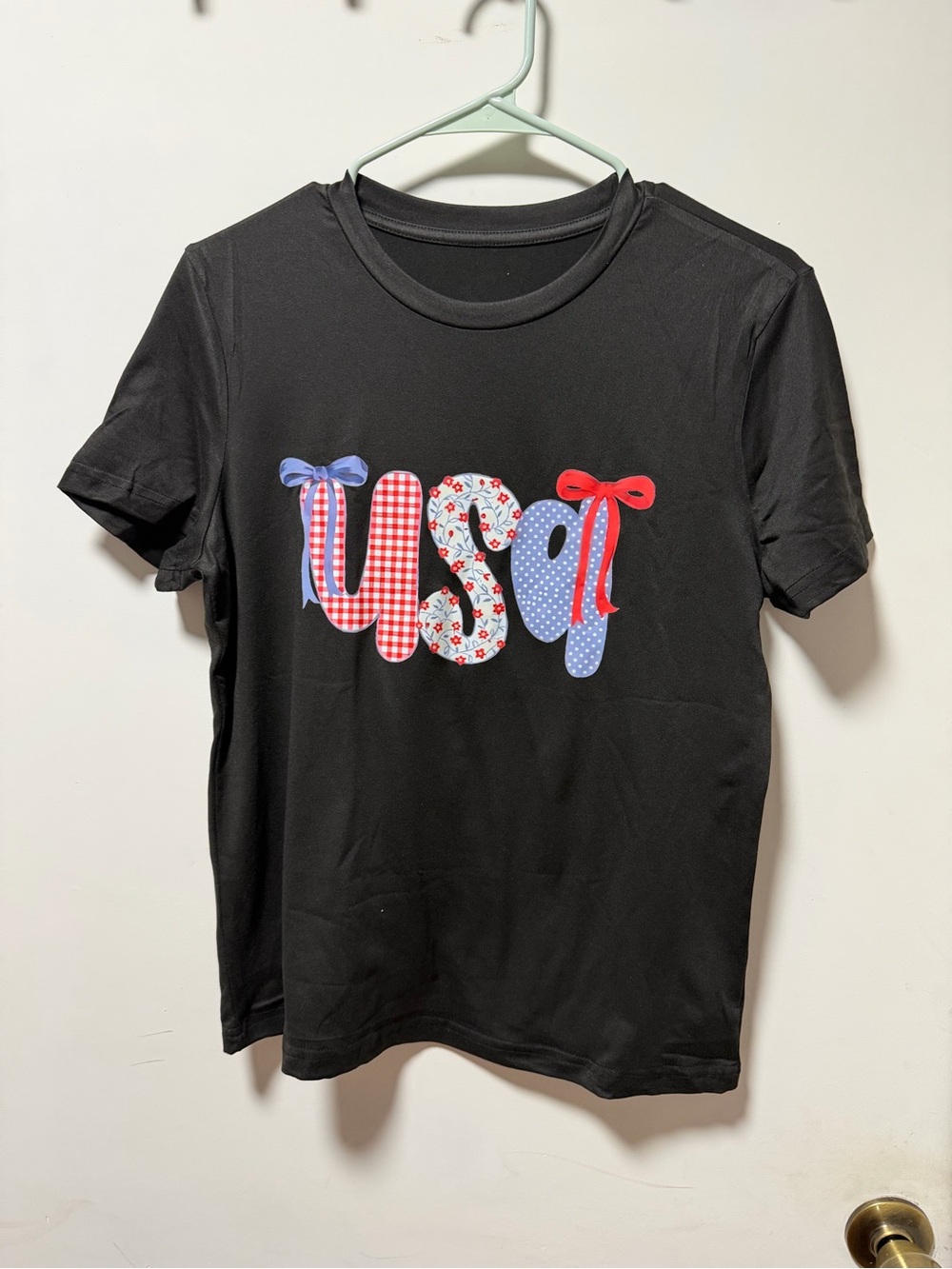 Black T-Shirt with Red, Blue and White 'USA' Applique